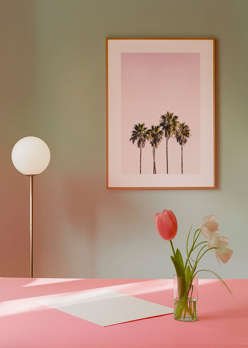 Botanische poster: palmbomen tegen roze lucht