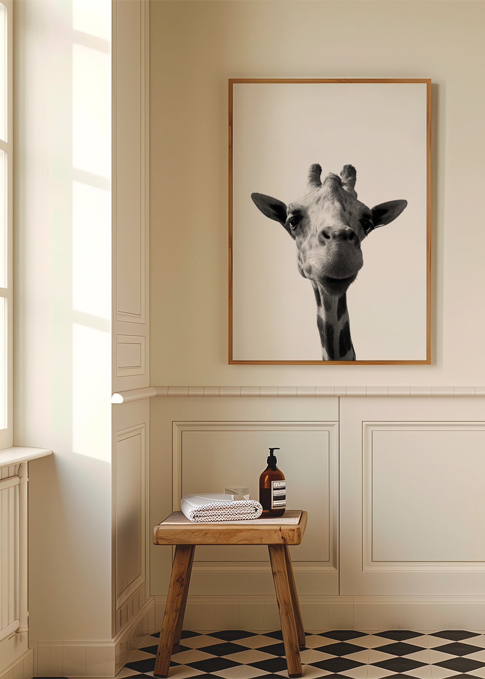 Happy giraffe - Framed poster in an interior