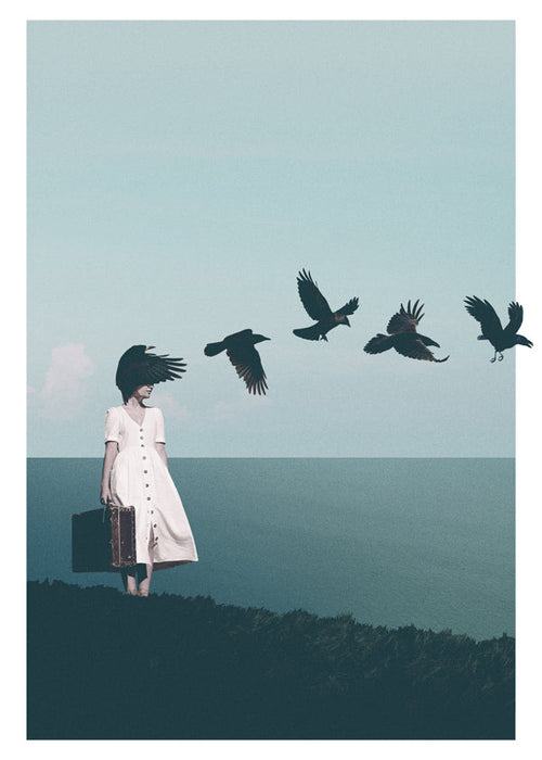 Landschapsposter: reiziger met vogels aan zee