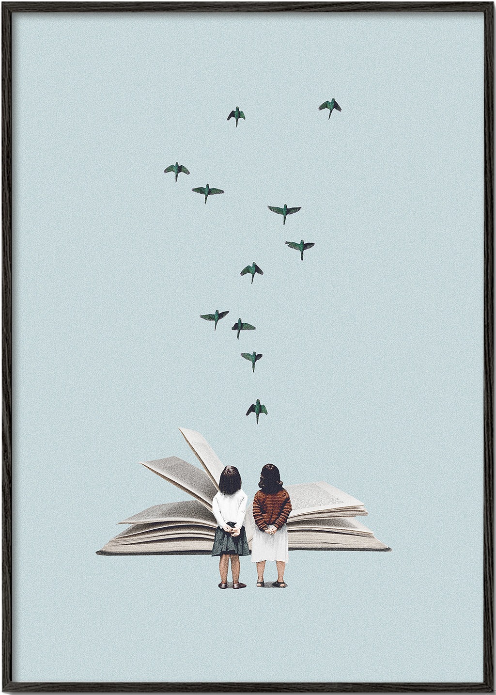 Illustratie van kinderen en vogels op een open boek