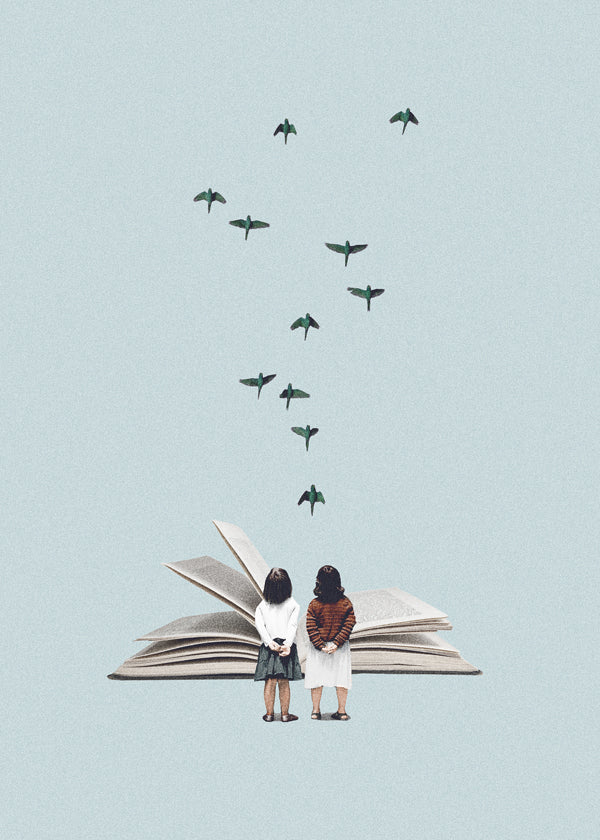 Illustratie van kinderen en vogels op een open boek