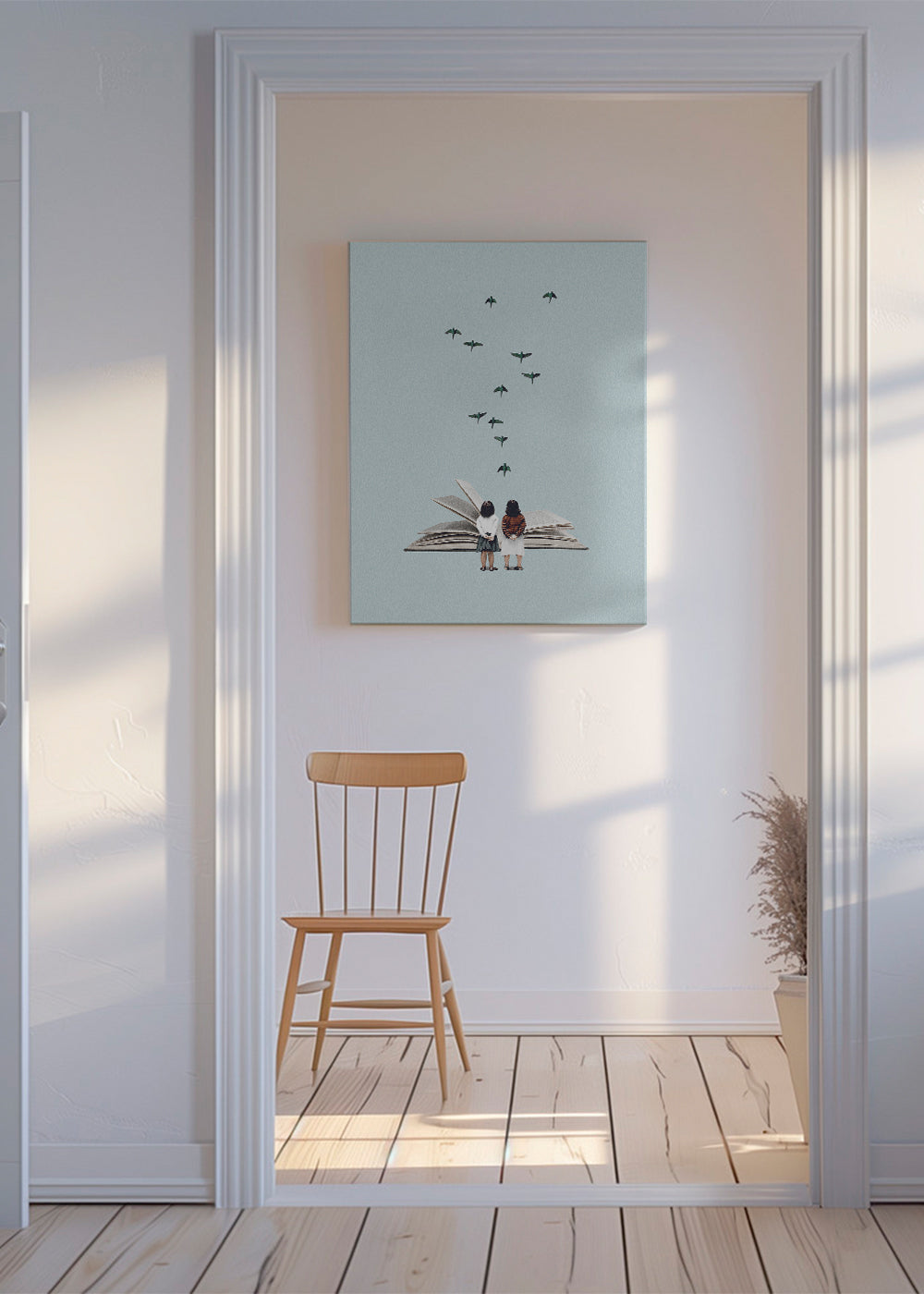Illustratie van kinderen en vogels op een open boek