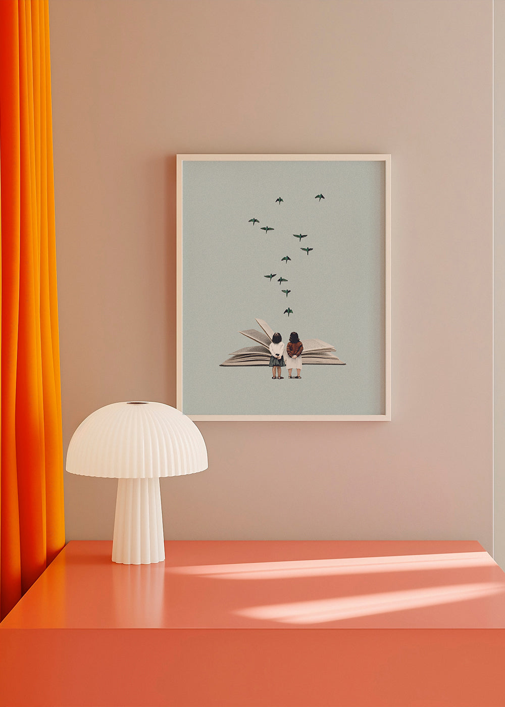 Illustratie van kinderen en vogels op een open boek