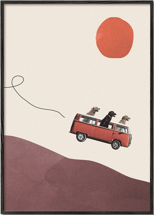 Affiche rode bus met honden en minimalistische heuvel
