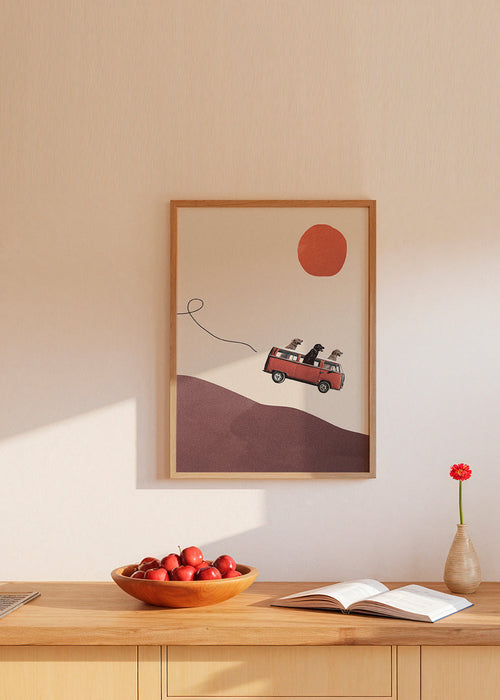 Affiche rode bus met honden en minimalistische heuvel