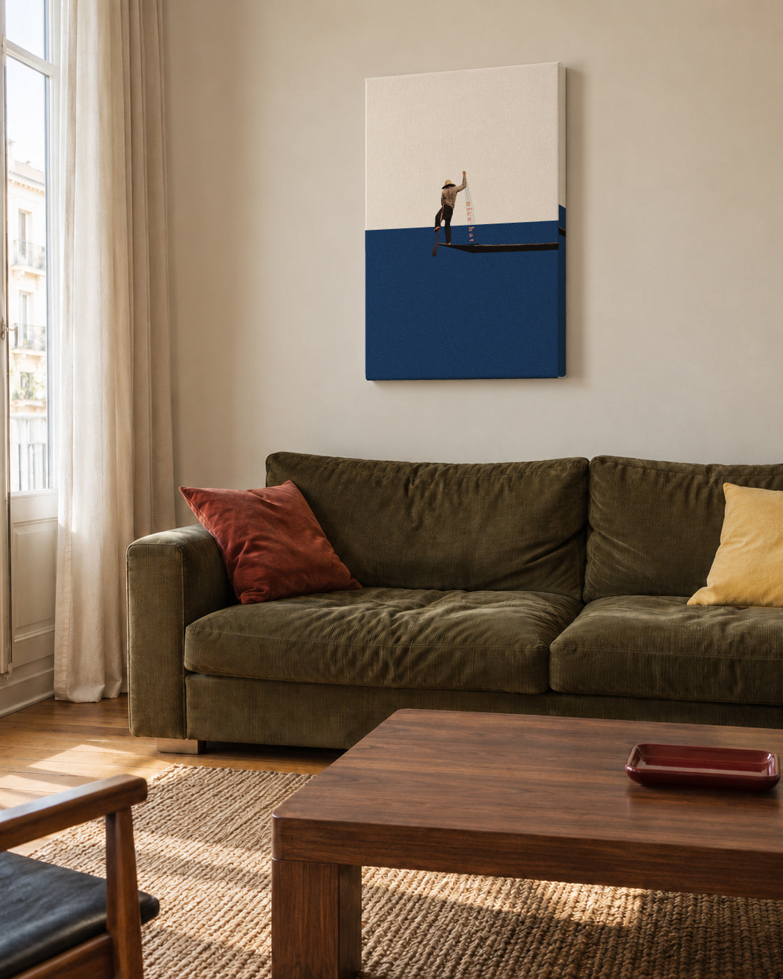Fishing for compliments - Unframed canvas in an interior