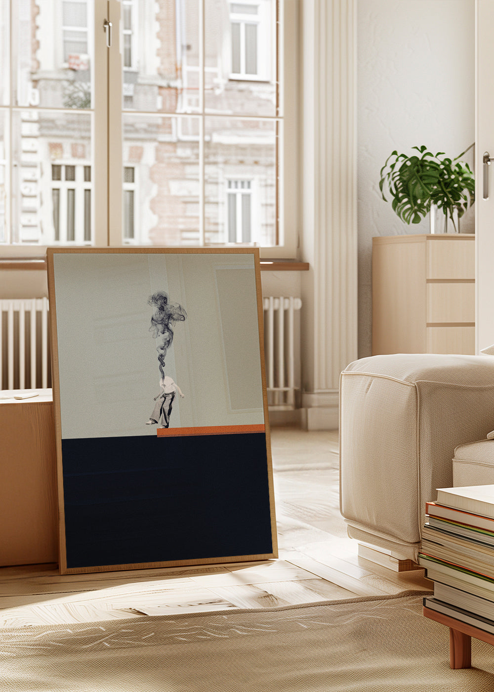 Minimalistische poster met rokende figuur