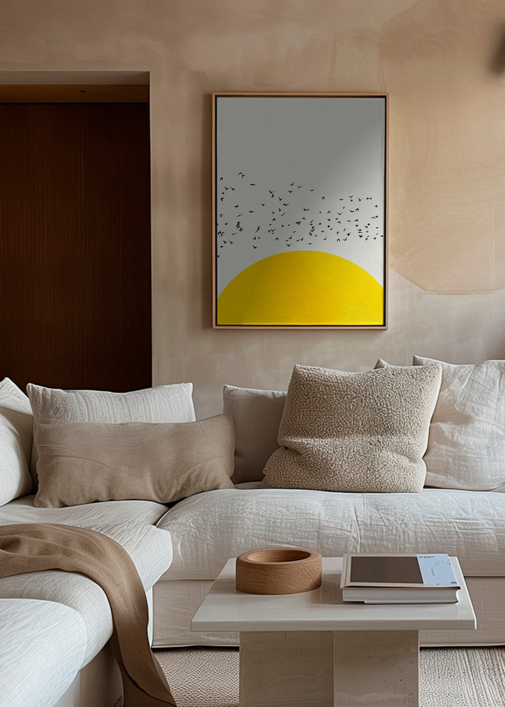 Illustratie van een zwerm boven de minimalistische zon