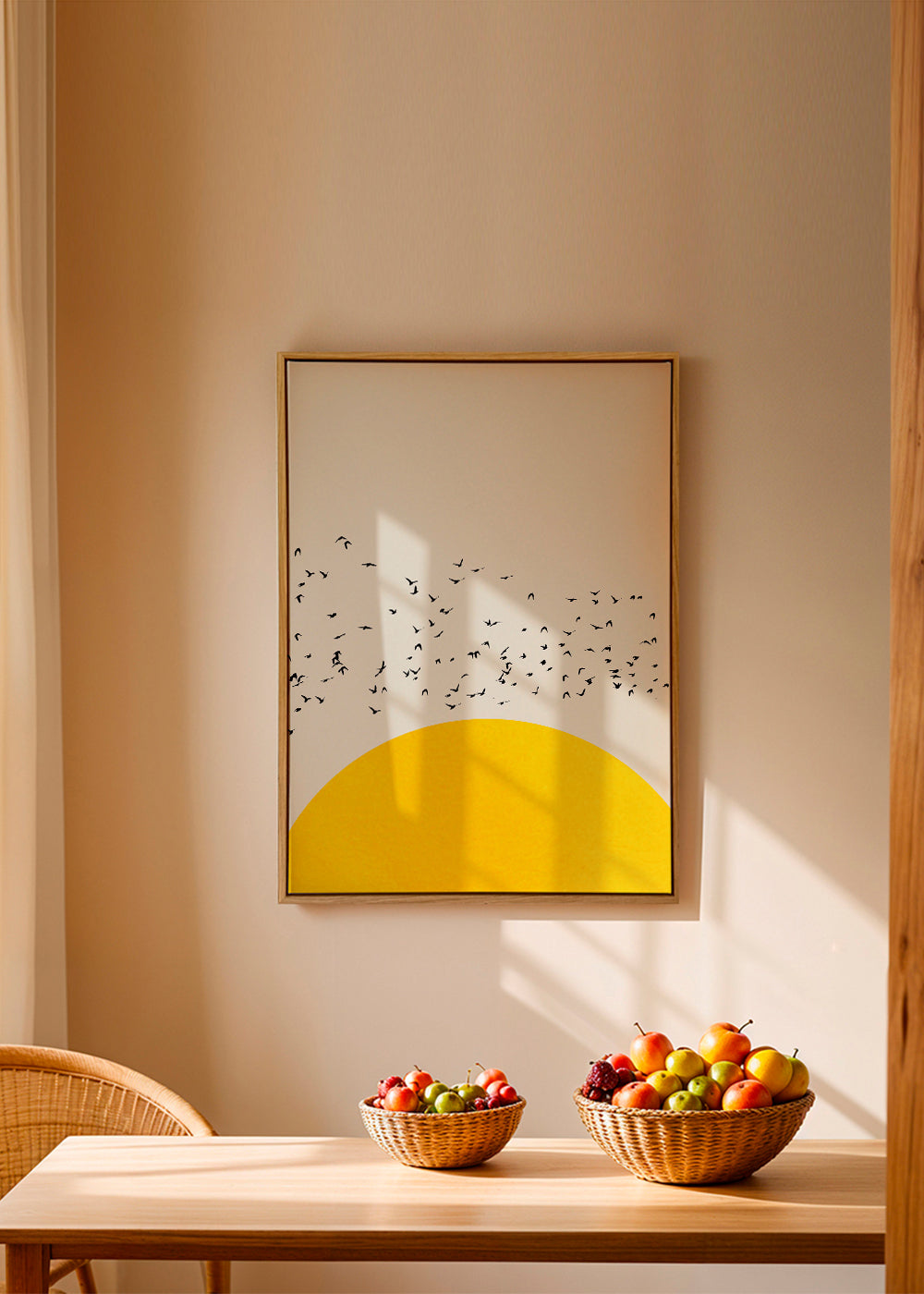 Illustratie van een zwerm boven de minimalistische zon