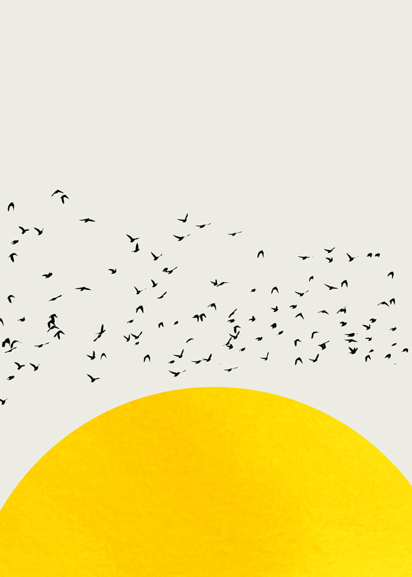 Illustratie van een zwerm boven de minimalistische zon