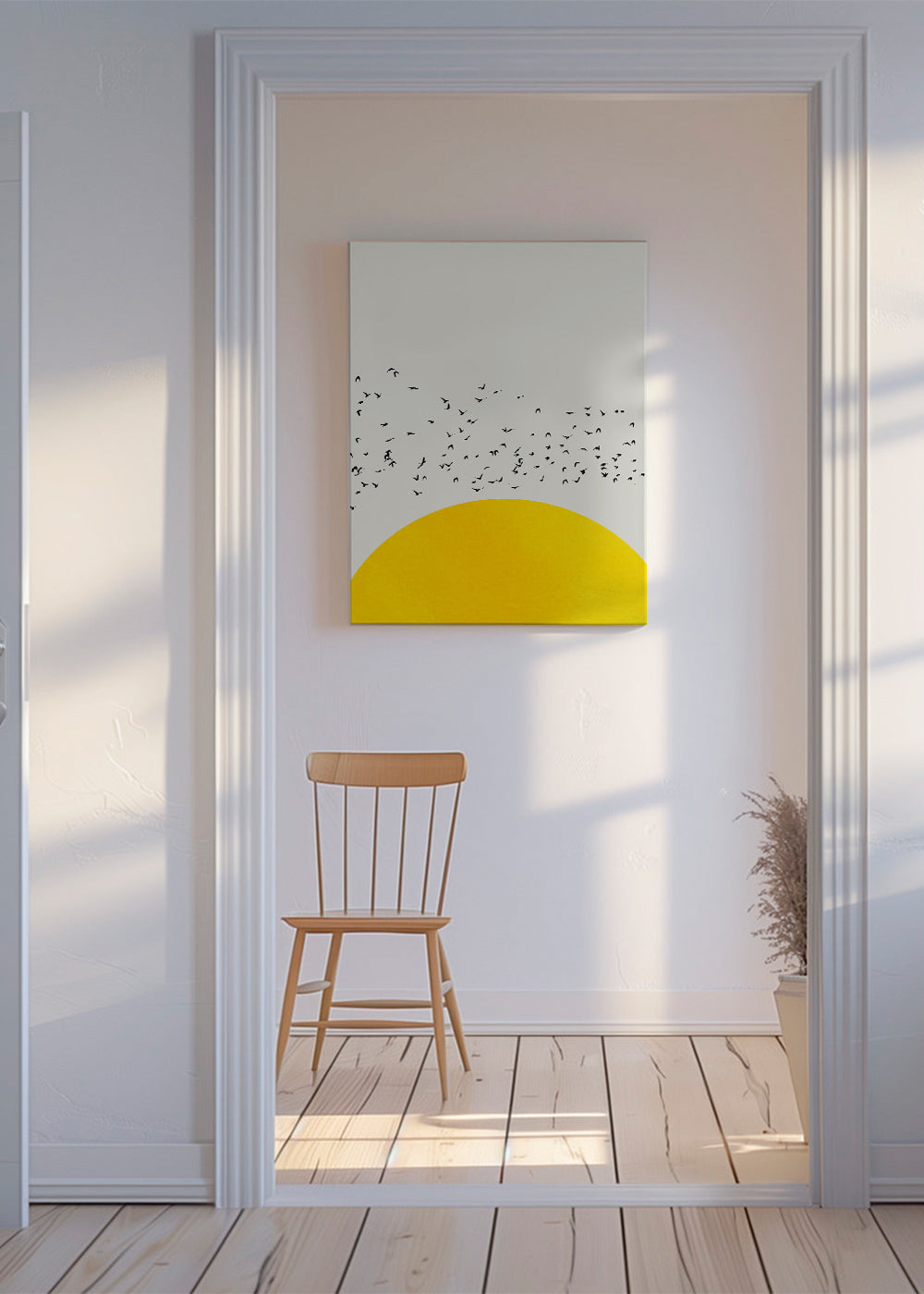 Illustratie van een zwerm boven de minimalistische zon