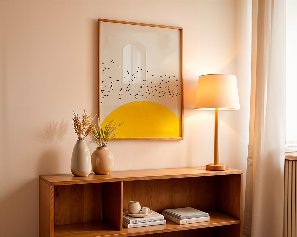 Illustratie van een zwerm boven de minimalistische zon
