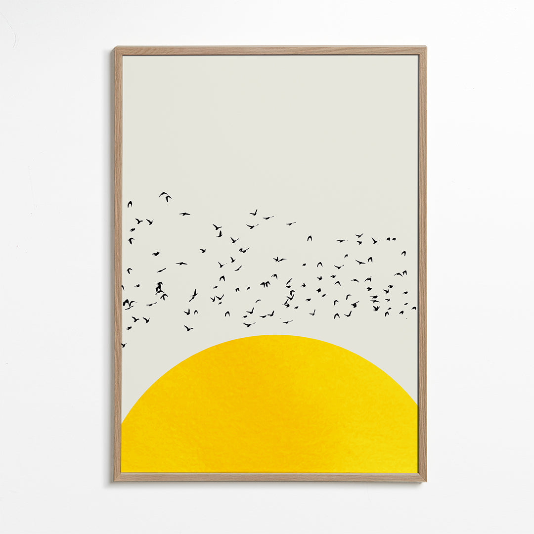 Illustratie van een zwerm boven de minimalistische zon