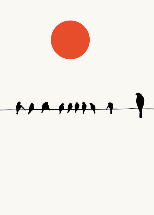 Minimalistisch ontwerp vogels op draad met rode zon