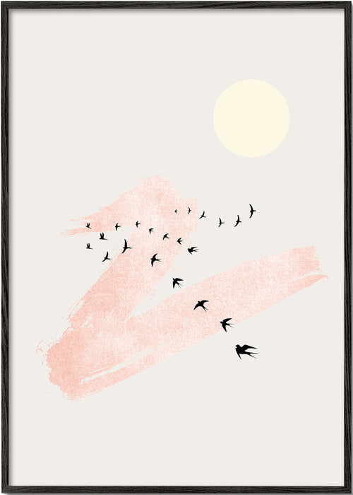 Illustratie van vliegende vogels met roze streek
