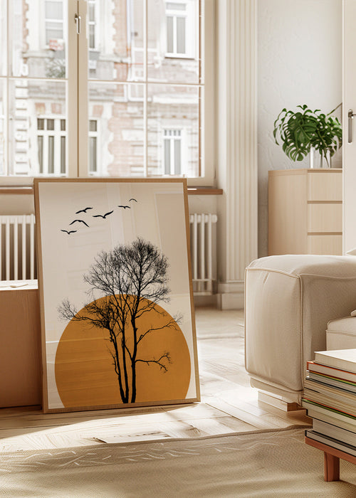 Landschap kunst met boom silhouet en oranje zon