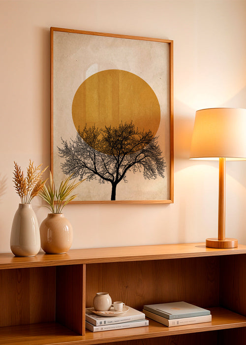 Landschapskunst met geometrische zon en boom-silhouet