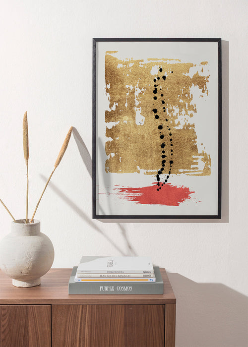 Abstracte print met goudblad en zwarte inktdruppels