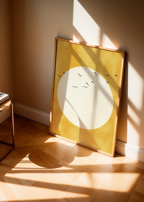 Minimalistisch zoncirkel kunstwerk met vogels