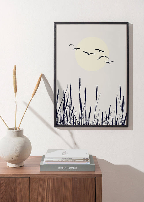 Botanische poster met riet en zonsopgang