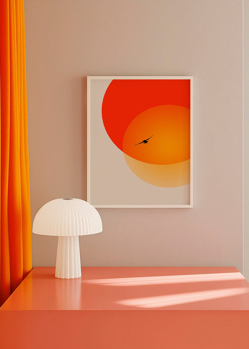 Landschap met geometrische zon en meeuw