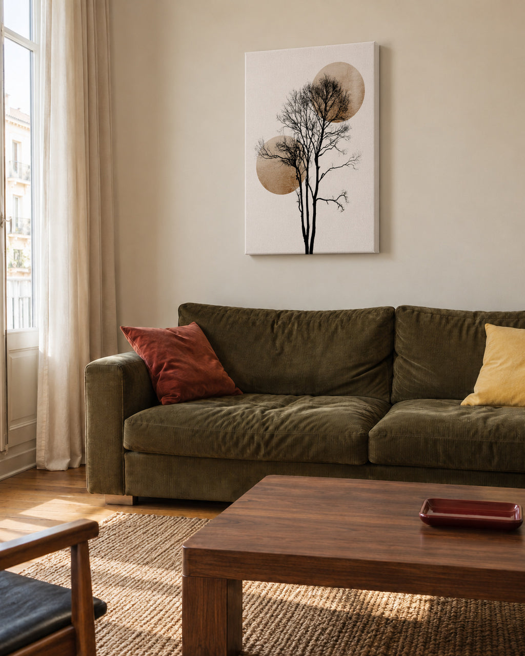 Sun and moon hiding - gold - Unframed canvas in an interior