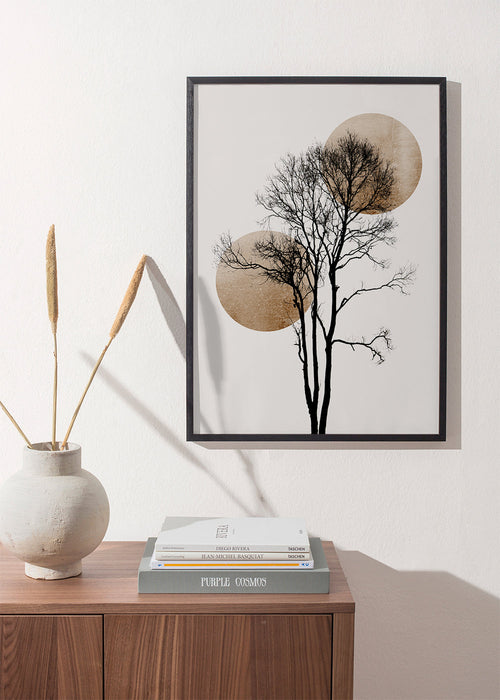 Botanische print: boom-silhouet met gouden schijven