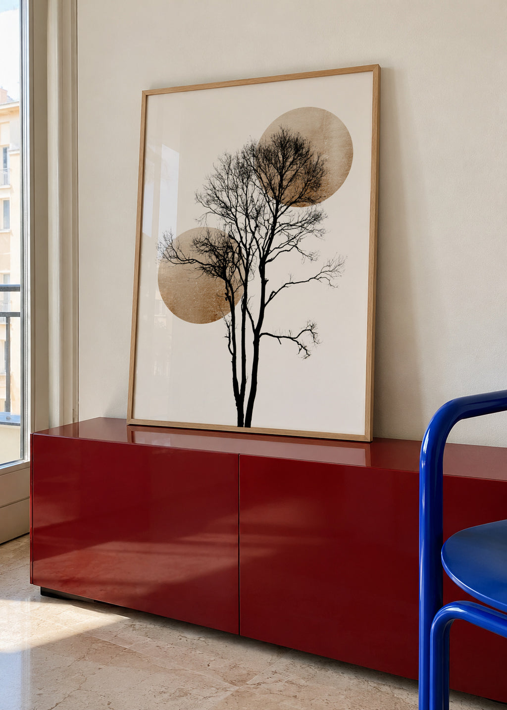 Sun and moon hiding - gold - Framed poster in an interior