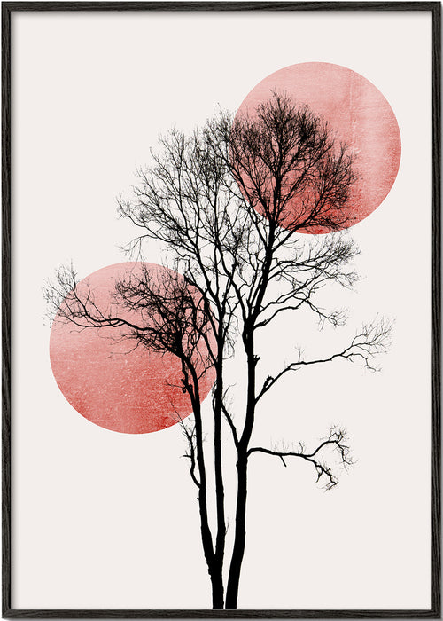 Botanische print: boom-silhouet met roze schijven