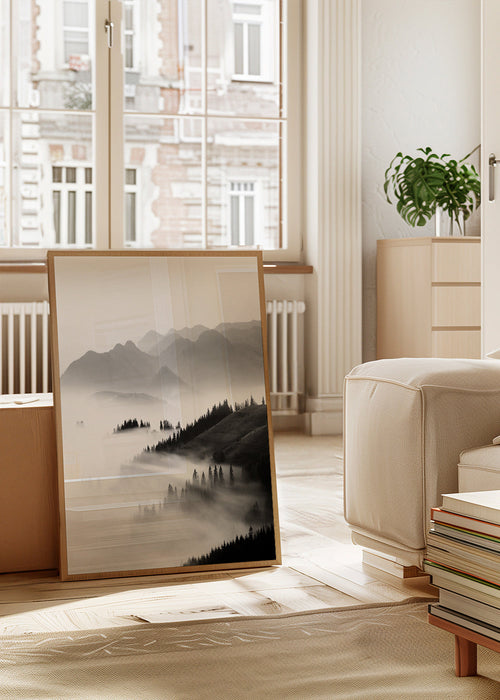 Landschap kunst: mistige berg zwart-wit
