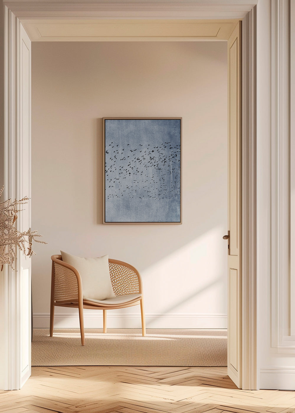 Abstract kunstwerk: zwerm vogels op blauwe textuur