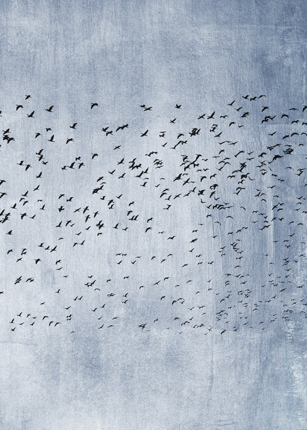 Abstract kunstwerk: zwerm vogels op blauwe textuur