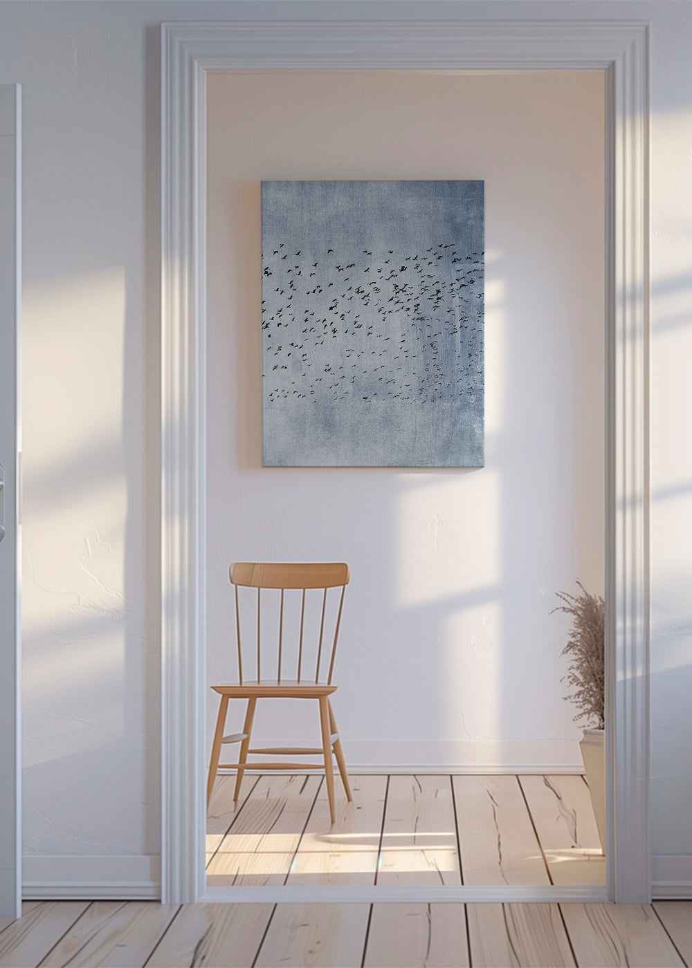 Abstract kunstwerk: zwerm vogels op blauwe textuur