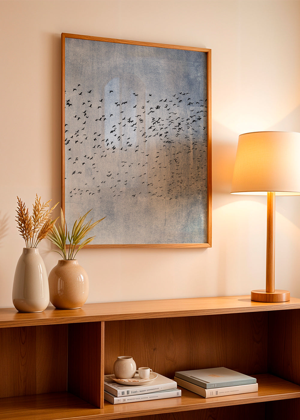 Abstract kunstwerk: zwerm vogels op blauwe textuur