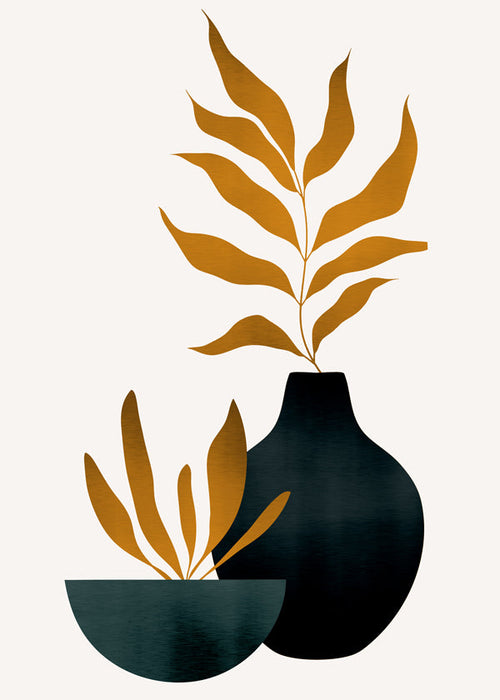 Botanische print met mosterdbladeren en vaas