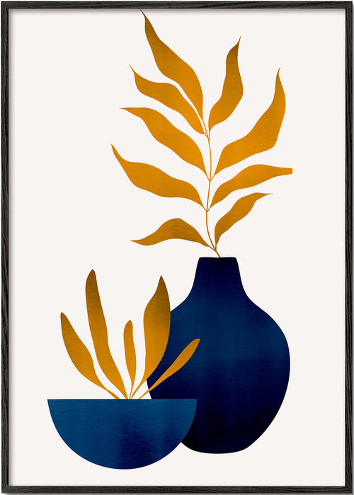 Botanische print met gouden bladeren en blauwe vaas