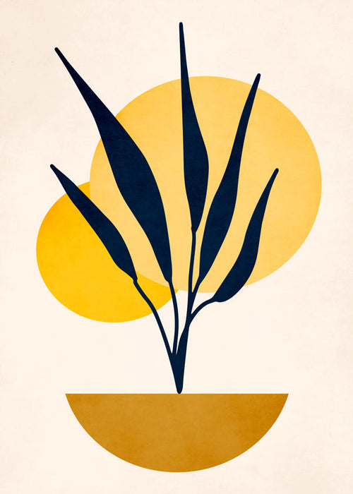 Botanische print met blauwe bladeren en zonnencirkels