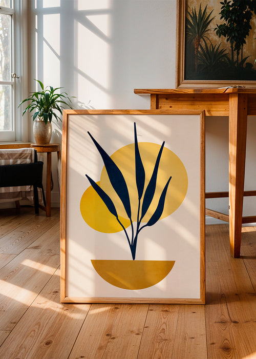 Botanische print met blauwe bladeren en zonnencirkels