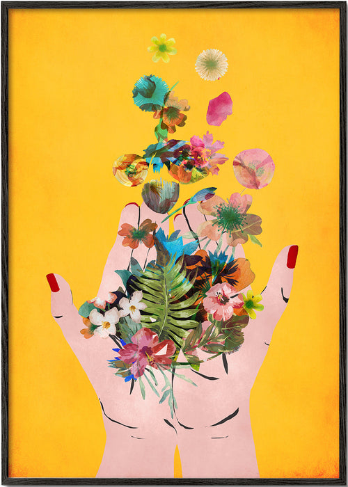 Botanische print handen met bloemen op geel