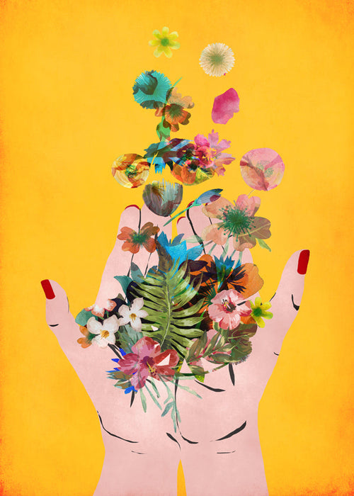 Botanische print handen met bloemen op geel