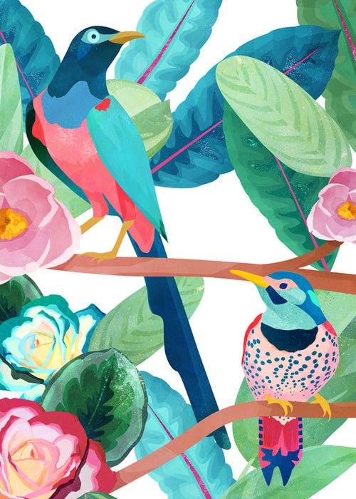 Illustratie vogels en bloemen op tak
