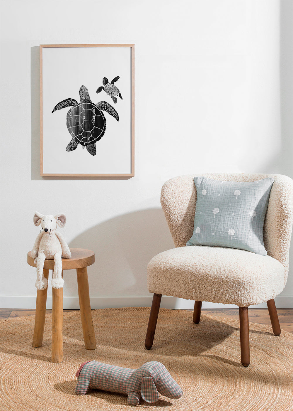 Minimalistische schildpad in zwart-wit
