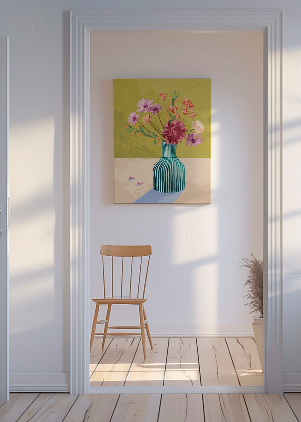 Botanische poster gestreepte vaas met boeket
