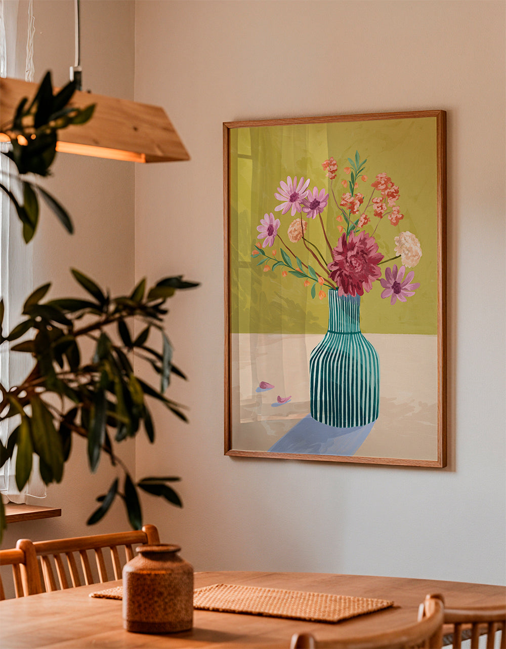 Botanische poster gestreepte vaas met boeket