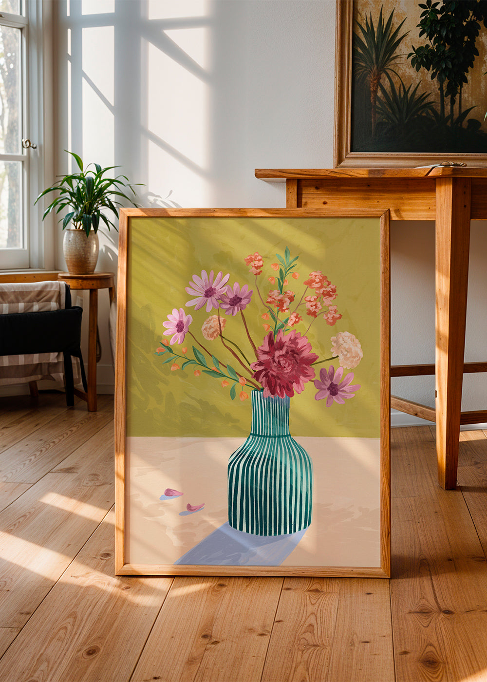 Botanische poster gestreepte vaas met boeket
