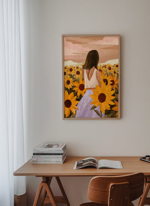 Botanische poster: vrouw tussen zonnebloemen