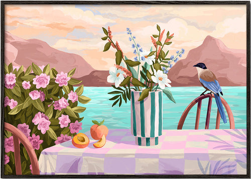 Botanische print met vaas en fruit bij zee