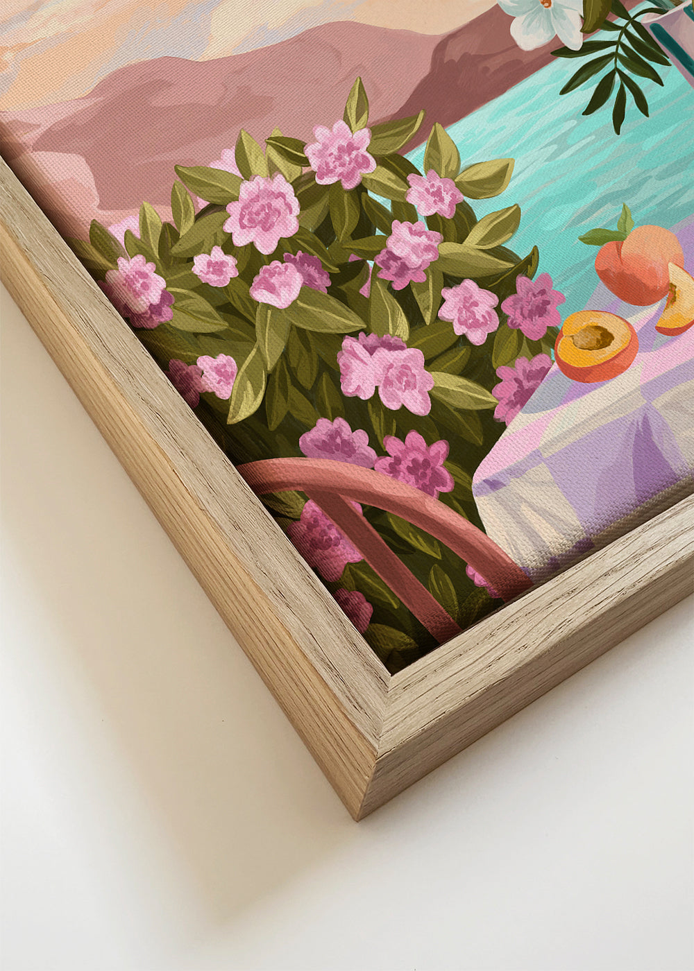Botanische print met vaas en fruit bij zee
