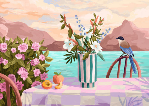 Botanische print met vaas en fruit bij zee