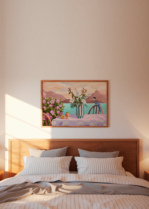Botanische print met vaas en fruit bij zee